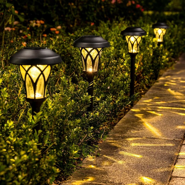 Alt view image 3 of 7 - GIGALUMI Solar Pathway Lights Outdoor, Metal Glass & ABS Landscape Lights | 6 Pack Warm White Solar Powered Garden Lights Waterproof IP65, Outdoor Decor for Yard Patio Walkway Driveway (Black)