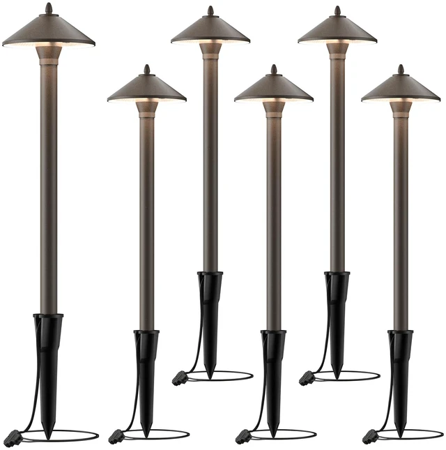 Main image of GOLDEN STAR 12V Mushroom Path Lights Low Voltage 25LM 10W G4 Bulb 6 Pack | Pro-Style 2700K Warm White Halogen Pathway Lights With Brown Aluminum Hat Stakes Connectors For Walkways Gardens Yards Path
