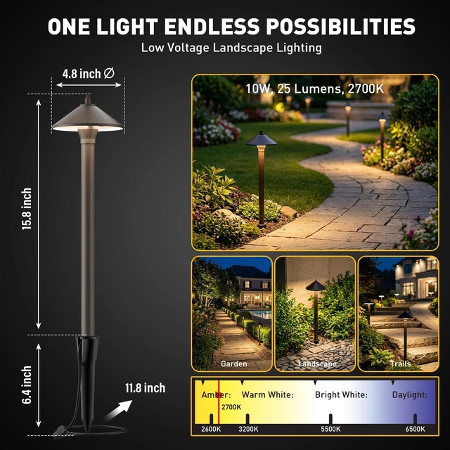 Alt view image 2 of 7 - GOLDEN STAR 12V Mushroom Path Lights Low Voltage 25LM 10W G4 Bulb 6 Pack | Pro-Style 2700K Warm White Halogen Pathway Lights With Brown Aluminum Hat Stakes Connectors For Walkways Gardens Yards Path