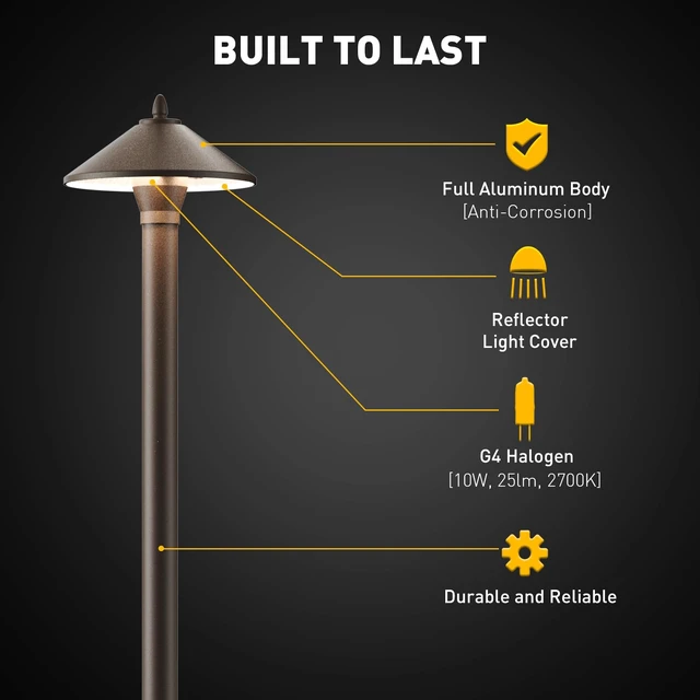 Alt view image 7 of 7 - GOLDEN STAR 12V Mushroom Path Lights Low Voltage 25LM 10W G4 Bulb 6 Pack | Pro-Style 2700K Warm White Halogen Pathway Lights With Brown Aluminum Hat Stakes Connectors For Walkways Gardens Yards Path