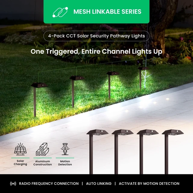 Alt view image 2 of 7 - Home Zone Living 4PK Mesh Linkable Solar LED Security Pathway Light, Bronze | LiFePO4 Battery, 300LM, Auto-Linking, 110°x16ft Motion Detection, CCT 3000K 4000K 5000K, Stainless Steel, Garden Yard