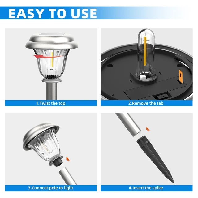 Alt view image 6 of 6 - DERAYSION Solar Lights Outdoor, Metal Glass Solar Pathway Lights | IP65 Waterproof Garden Lights Glass Stainless Steel Long-Lasting Outdoor Solar Lights for Yard Garden Path Driveway Walkway