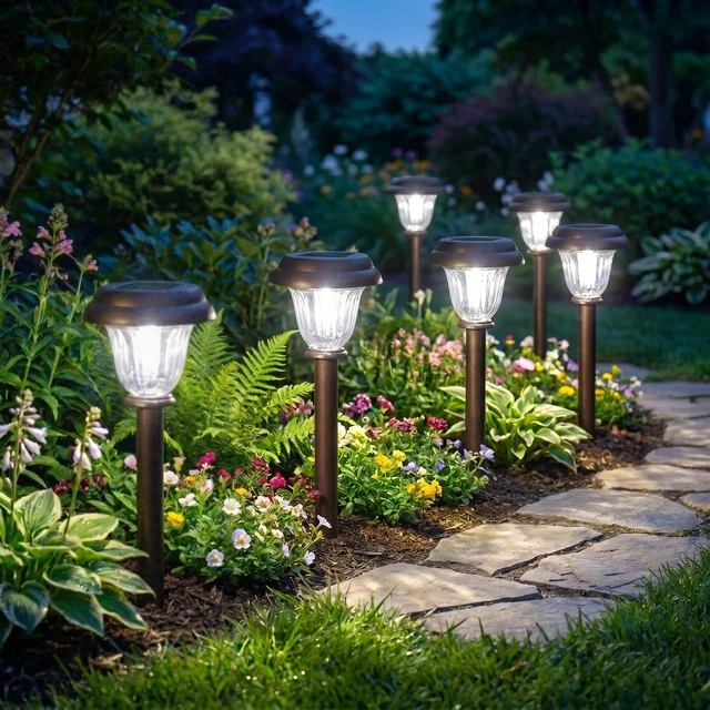Alt view image 2 of 7 - DERAYSION Solar Lights Outdoor, 6 Pack Brushed Stainless Steel Glass Solar Pathway Lights, Auto On/Off Long-Lasting Outdoor Solar Lights for Garden, Landscape, Path, Yard, 6000K Cold White