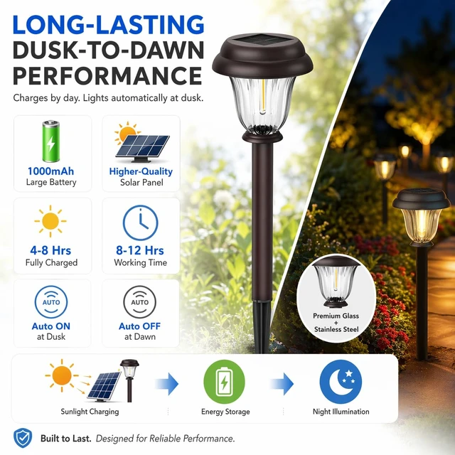 Alt view image 6 of 7 - DERAYSION Solar Lights Outdoor, 6 Pack Brushed Stainless Steel Glass Solar Pathway Lights, Auto On/Off Long-Lasting Outdoor Solar Lights for Garden, Landscape, Path, Yard, 6000K Cold White