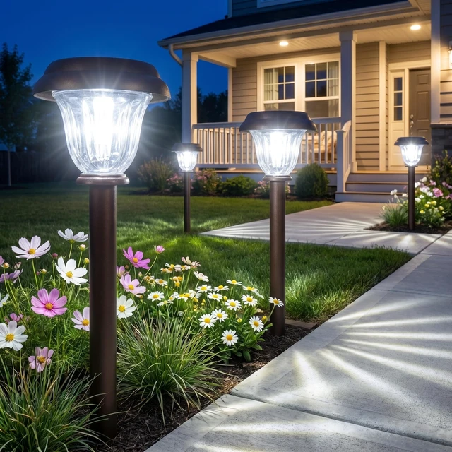 Alt view image 7 of 7 - DERAYSION Solar Lights Outdoor, 6 Pack Brushed Stainless Steel Glass Solar Pathway Lights, Auto On/Off Long-Lasting Outdoor Solar Lights for Garden, Landscape, Path, Yard, 6000K Cold White