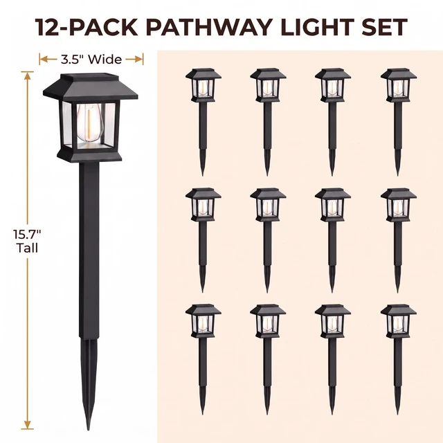Alt view image 7 of 7 - Benany Solar Outdoor Lights, 12 Pack Solar Pathway Lights Waterproof, Landscape Lighting for Path Walkway Lawn Garden Yard Outside Décor, Black