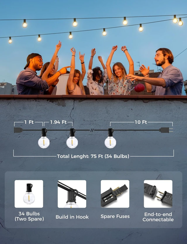 Alt view image 6 of 7 - XMCOSY+ Smart Outdoor String Lights, 75Ft G40 Patio Lights with 34 Bulbs | Dimmable LED Bulbs, Connectable, WiFi & APP Control, Works with Alexa, Extendable Waterproof Design for Porch and Backyard