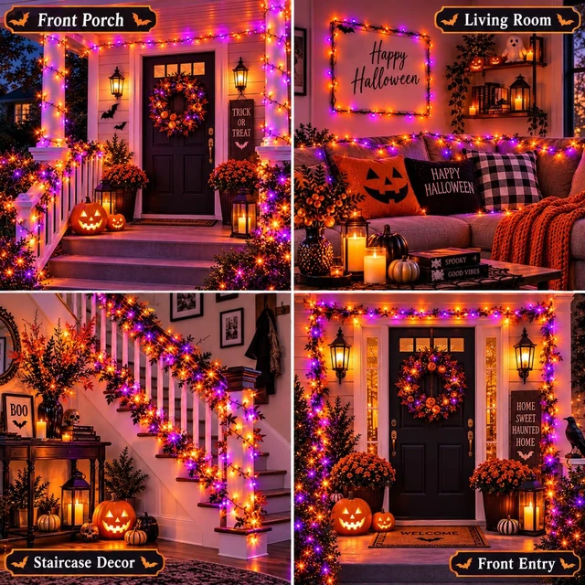 Alt view image 2 of 6 - OZS Connectable 2-Pack 164Ft 400LED Halloween String Lights, Purple&Orange | 13 Modes and Timer; IP44 Waterproof Green Wire Twinkle Lights for Halloween Party Indoor Outdoor Trees, Patios, Garden