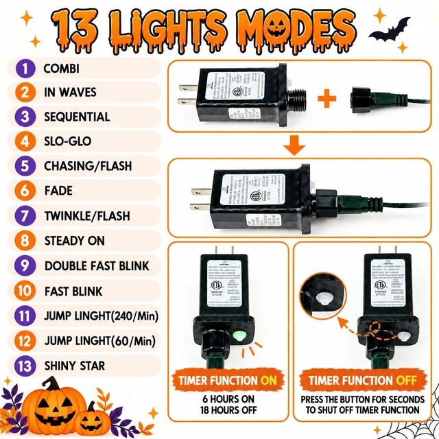 Alt view image 4 of 6 - OZS Connectable 2-Pack 164Ft 400LED Halloween String Lights, Purple&Orange | 13 Modes and Timer; IP44 Waterproof Green Wire Twinkle Lights for Halloween Party Indoor Outdoor Trees, Patios, Garden