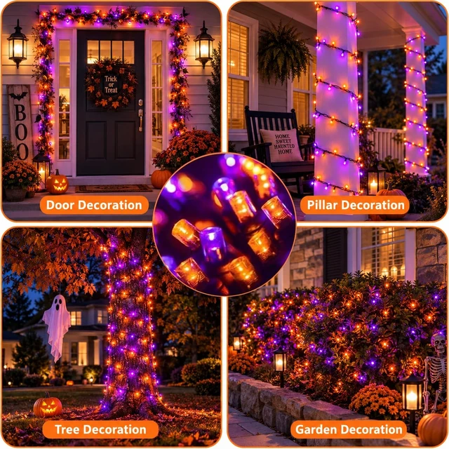 Alt view image 3 of 6 - OZS Connectable 2-Pack 164Ft 400LED Halloween String Lights, Purple&Orange | 13 Modes and Timer; IP44 Waterproof Green Wire Twinkle Lights for Halloween Party Indoor Outdoor Trees, Patios, Garden