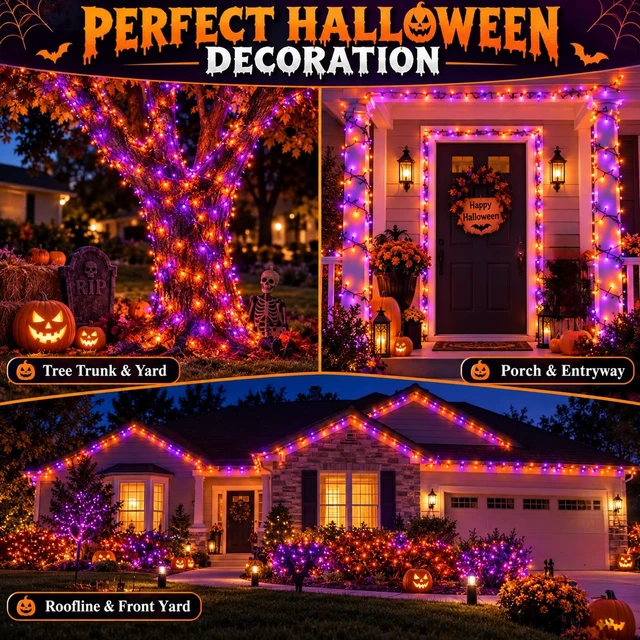 Alt view image 6 of 6 - OZS Connectable 2-Pack 164Ft 400LED Halloween String Lights, Purple&Orange | 13 Modes and Timer; IP44 Waterproof Green Wire Twinkle Lights for Halloween Party Indoor Outdoor Trees, Patios, Garden