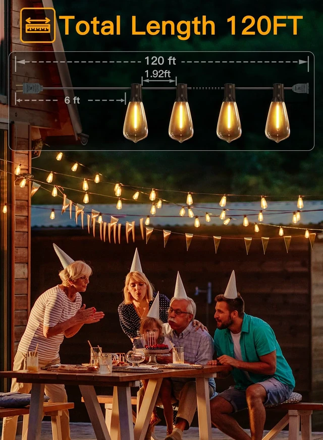Alt view image 2 of 7 - Ollny Outdoor String Lights 120FT with 60+2 Spare ST38 Vintage Bulbs, Shatterproof Connectable Patio Lights, 2200K Warm White Waterproof Outside Hanging Light for Yard Camping Gazebo Porch Balcony