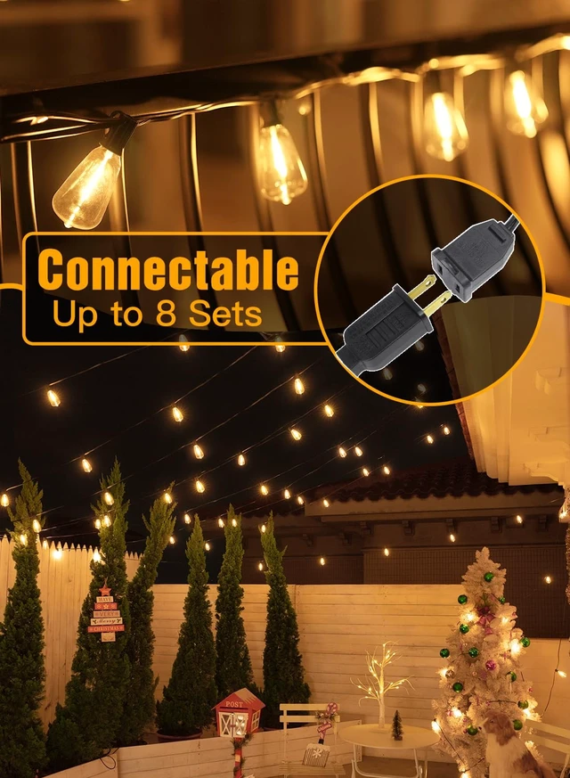 Alt view image 4 of 7 - Ollny Outdoor String Lights 120FT with 60+2 Spare ST38 Vintage Bulbs, Shatterproof Connectable Patio Lights, 2200K Warm White Waterproof Outside Hanging Light for Yard Camping Gazebo Porch Balcony