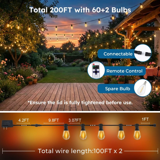 Alt view image 7 of 7 - 200FT Outdoor String Light with S11 LED Bulbs, Low-Voltage LED Patio Lights | Outdoor Lights with App & Remote, Music Sync, 4 Lighting Modes, Waterproof for Backyard, Porch, Garden, Deck, Party