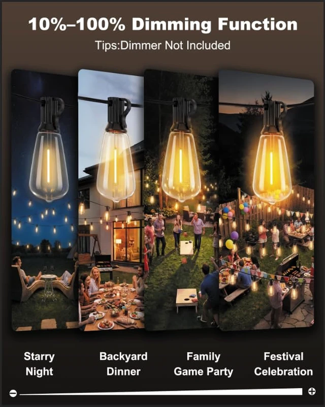 Alt view image 6 of 7 - Pesken Outdoor String Lights, 108FT ST38 LED Patio Lights Waterproof | 50 Shatterproof Bulbs, 2700K Dimmable, Connectable Plug-In Edison Lights for Outsider Backyard Garden Cafe Bistro Porch