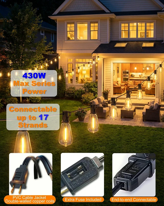 Alt view image 3 of 7 - Pesken Outdoor String Lights, 108FT ST38 LED Patio Lights Waterproof | 50 Shatterproof Bulbs, 2700K Dimmable, Connectable Plug-In Edison Lights for Outsider Backyard Garden Cafe Bistro Porch