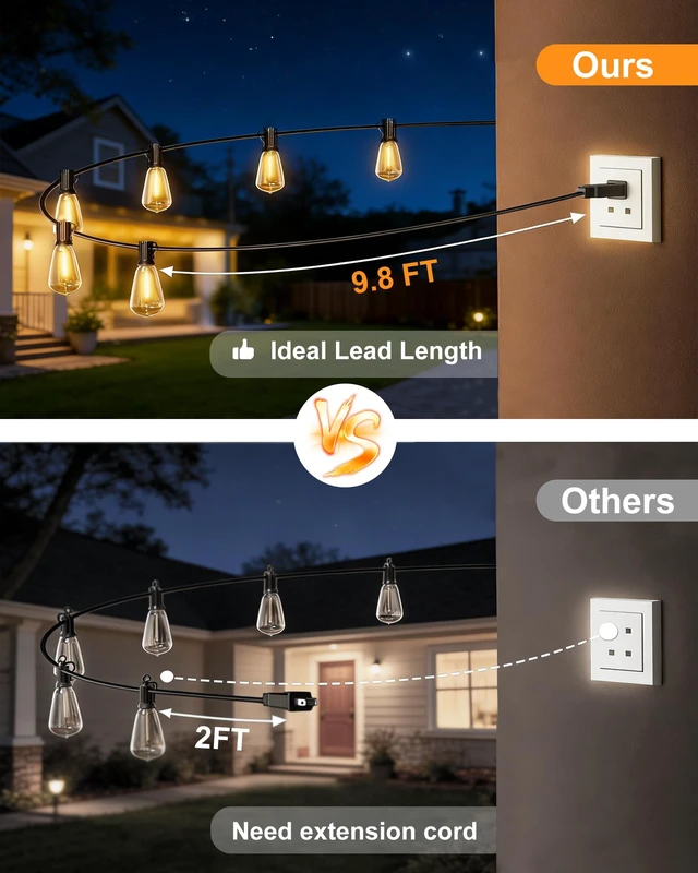 Alt view image 4 of 7 - Pesken Outdoor String Lights, 108FT ST38 LED Patio Lights Waterproof | 50 Shatterproof Bulbs, 2700K Dimmable, Connectable Plug-In Edison Lights for Outsider Backyard Garden Cafe Bistro Porch