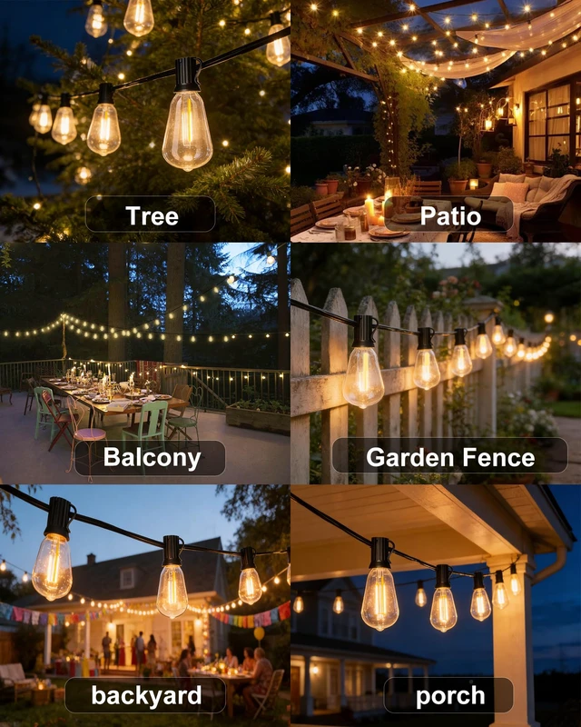 Alt view image 7 of 7 - Pesken Outdoor String Lights, 108FT ST38 LED Patio Lights Waterproof | 50 Shatterproof Bulbs, 2700K Dimmable, Connectable Plug-In Edison Lights for Outsider Backyard Garden Cafe Bistro Porch
