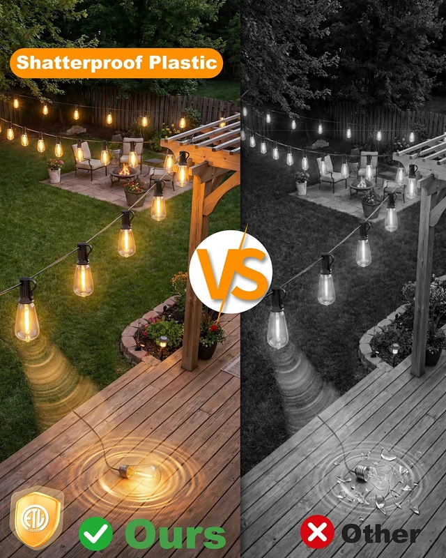 Alt view image 5 of 7 - Pesken Outdoor String Lights, 108FT ST38 LED Patio Lights Waterproof | 50 Shatterproof Bulbs, 2700K Dimmable, Connectable Plug-In Edison Lights for Outsider Backyard Garden Cafe Bistro Porch
