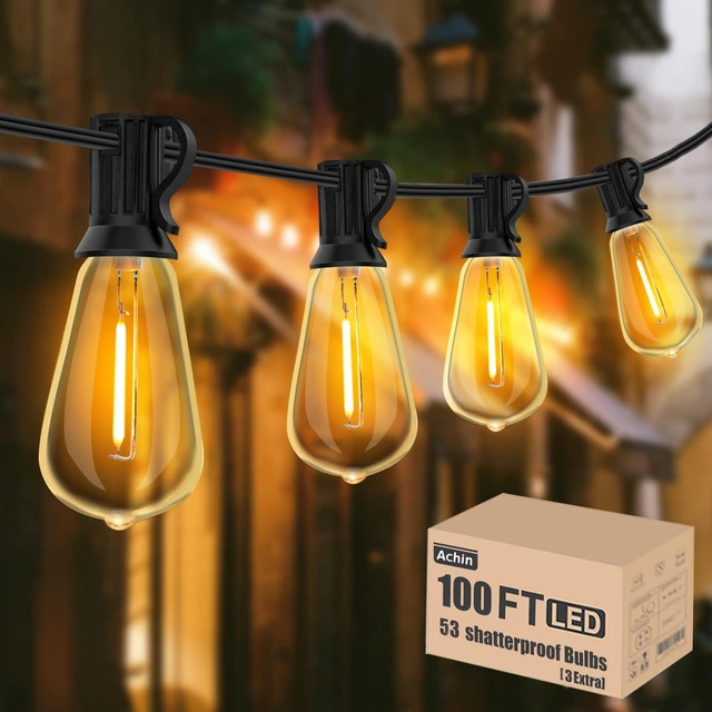 Main image of Achin 100FT Outdoor String Lights LED Dimmable Patio Lights String Waterproof with 50+3 Shatterproof Bulbs ST38 Vintage String Lights for Outside Gazebo Bistro Lights, 2200K Warm White