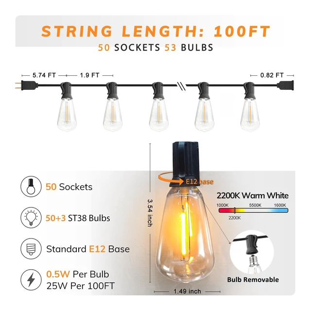 Alt view image 2 of 7 - Achin 100FT Outdoor String Lights LED Dimmable Patio Lights String Waterproof with 50+3 Shatterproof Bulbs ST38 Vintage String Lights for Outside Gazebo Bistro Lights, 2200K Warm White