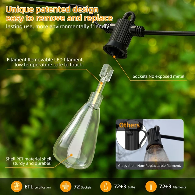 Alt view image 2 of 7 - FOOMAN ST38 LED Outdoor String Lights, 150FT Waterproof Hanging Patio Light | 72+3 Shatterproof ST38 Bulbs, Waterproof IP65, 2700K Warm White, Dimmable, Perfect for Patio Backyard Gazebo Bistro