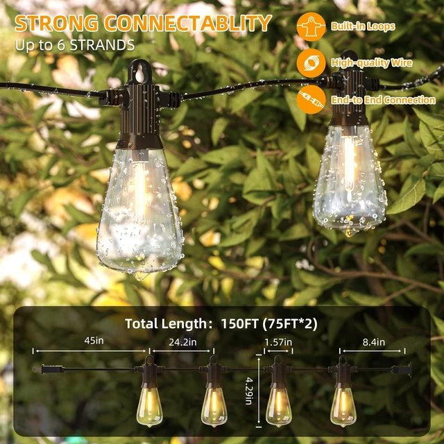 Alt view image 3 of 7 - FOOMAN ST38 LED Outdoor String Lights, 150FT Waterproof Hanging Patio Light | 72+3 Shatterproof ST38 Bulbs, Waterproof IP65, 2700K Warm White, Dimmable, Perfect for Patio Backyard Gazebo Bistro