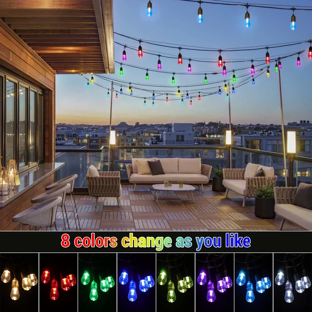 Alt view image 2 of 7 - WENFENG 48FT Solar Outdoor RGB String Lights Waterproof Shatterproof | 15+3 Dimmable LED Bulbs with Remote Commercial Patio Light for Cafe, Yard, Party