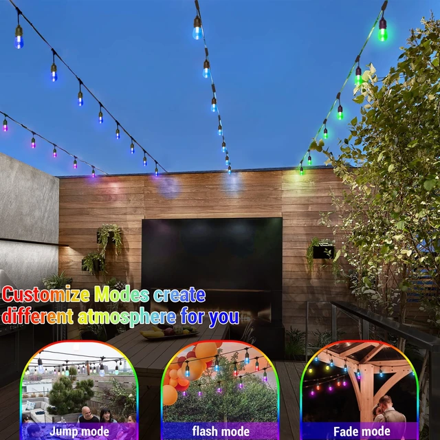 Alt view image 3 of 7 - WENFENG 48FT Solar Outdoor RGB String Lights Waterproof Shatterproof | 15+3 Dimmable LED Bulbs with Remote Commercial Patio Light for Cafe, Yard, Party