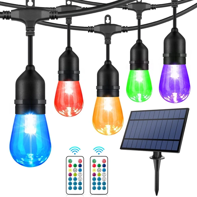 Main image of WENFENG 48FT Solar Outdoor RGB String Lights Waterproof Shatterproof | 15+3 Dimmable LED Bulbs with Remote Commercial Patio Light for Cafe, Yard, Party