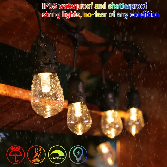 Alt view image 4 of 7 - WENFENG 48FT Solar Outdoor RGB String Lights Waterproof Shatterproof | 15+3 Dimmable LED Bulbs with Remote Commercial Patio Light for Cafe, Yard, Party