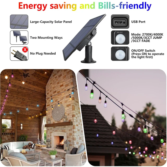 Alt view image 5 of 7 - WENFENG 48FT Solar Outdoor RGB String Lights Waterproof Shatterproof | 15+3 Dimmable LED Bulbs with Remote Commercial Patio Light for Cafe, Yard, Party