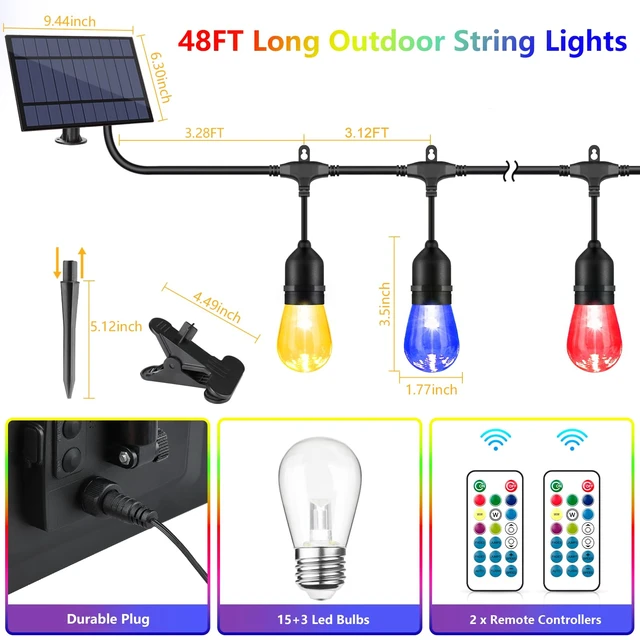 Alt view image 6 of 7 - WENFENG 48FT Solar Outdoor RGB String Lights Waterproof Shatterproof | 15+3 Dimmable LED Bulbs with Remote Commercial Patio Light for Cafe, Yard, Party