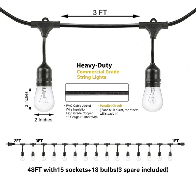 Alt view image 2 of 7 - SUNTHIN 2 Pack 48FT Outdoor String Lights,Hanging Incandescent String Lights Commercial Grade Waterproof Patio Light Outside with Dimmable Connectable Edison Glass Bulbs for Bistro,Party,Holiday Decor