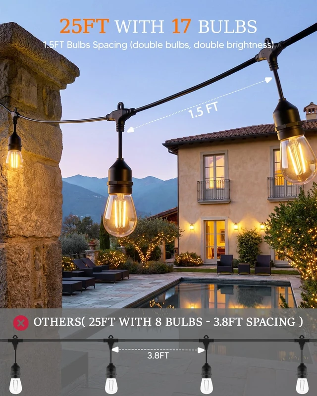 Alt view image 2 of 7 - Outdoor String Light 15+2 Bulbs 2W, 120W Dimmer Remote IP65 Waterproof | 1.5FT Bulbs Spacing, 2W Shatterproof Bulbs, Connetable, DImmable&Timmer, Screw & Ties for Easy-Setup Patio Backyard Outside
