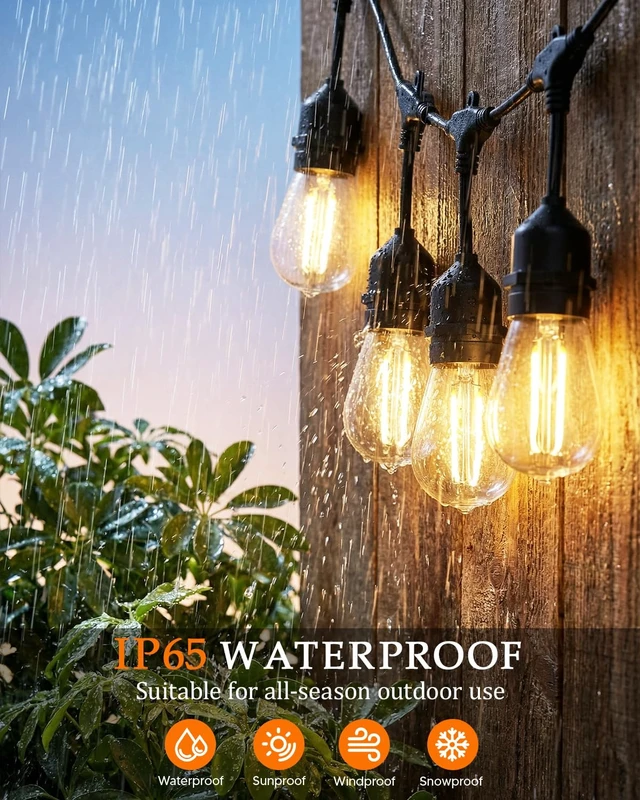 Alt view image 3 of 7 - Outdoor String Light 15+2 Bulbs 2W, 120W Dimmer Remote IP65 Waterproof | 1.5FT Bulbs Spacing, 2W Shatterproof Bulbs, Connetable, DImmable&Timmer, Screw & Ties for Easy-Setup Patio Backyard Outside