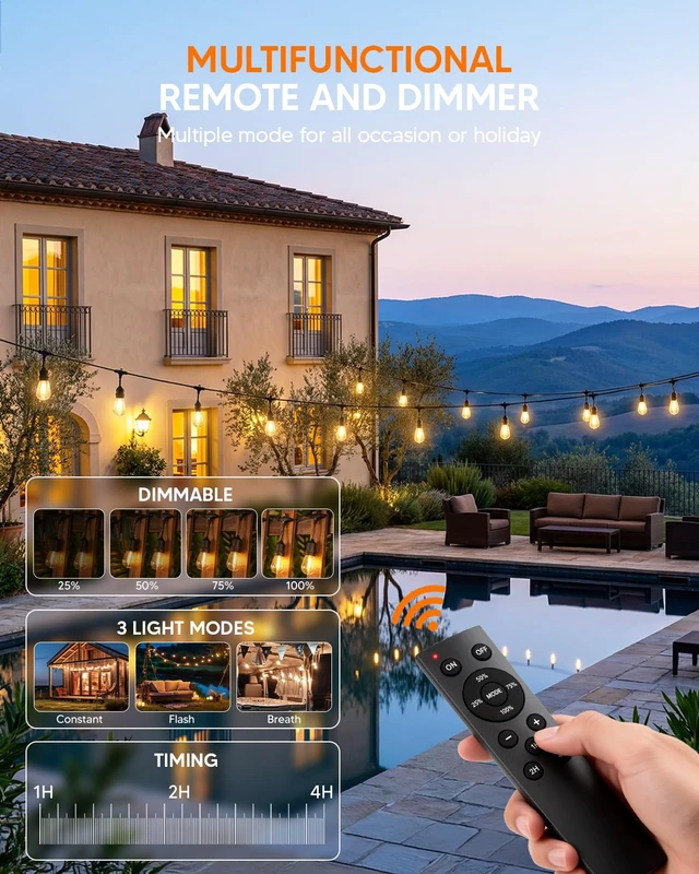 Alt view image 4 of 7 - Outdoor String Light 15+2 Bulbs 2W, 120W Dimmer Remote IP65 Waterproof | 1.5FT Bulbs Spacing, 2W Shatterproof Bulbs, Connetable, DImmable&Timmer, Screw & Ties for Easy-Setup Patio Backyard Outside