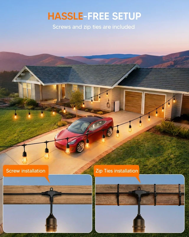 Alt view image 5 of 7 - Outdoor String Light 15+2 Bulbs 2W, 120W Dimmer Remote IP65 Waterproof | 1.5FT Bulbs Spacing, 2W Shatterproof Bulbs, Connetable, DImmable&Timmer, Screw & Ties for Easy-Setup Patio Backyard Outside