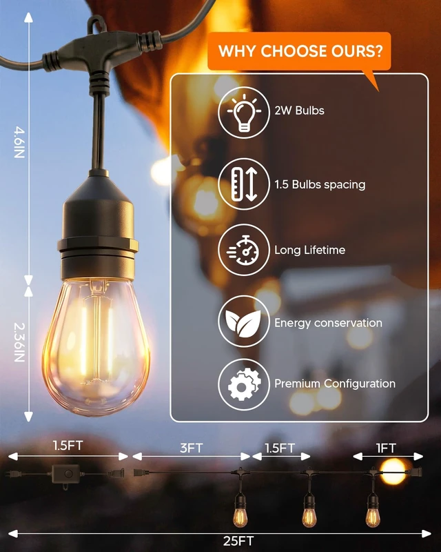 Alt view image 6 of 7 - Outdoor String Light 15+2 Bulbs 2W, 120W Dimmer Remote IP65 Waterproof | 1.5FT Bulbs Spacing, 2W Shatterproof Bulbs, Connetable, DImmable&Timmer, Screw & Ties for Easy-Setup Patio Backyard Outside