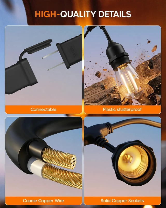 Alt view image 7 of 7 - Outdoor String Light 15+2 Bulbs 2W, 120W Dimmer Remote IP65 Waterproof | 1.5FT Bulbs Spacing, 2W Shatterproof Bulbs, Connetable, DImmable&Timmer, Screw & Ties for Easy-Setup Patio Backyard Outside