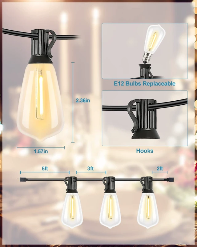 Alt view image 3 of 6 - Lightdot 200FT Outdoor String Lights, LED Bistro String Lights with Shatterproof ST38 Vintage Bulbs, 2200K Dimmable, Waterproof Hanging Lights for Porch, Deck, Garden, Backyard, Balcony - ETL Listed