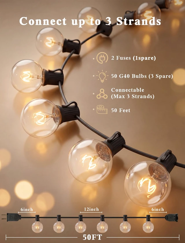 Alt view image 2 of 7 - Abeja 50FT G40 Globe String Lights, Outdoor Patio Lights | 53 Clear Incandescent Bulbs(3 Spare), Warm White Glow, Plug-in Bistro Lights for Backyard Porch Balcony Wedding, Black