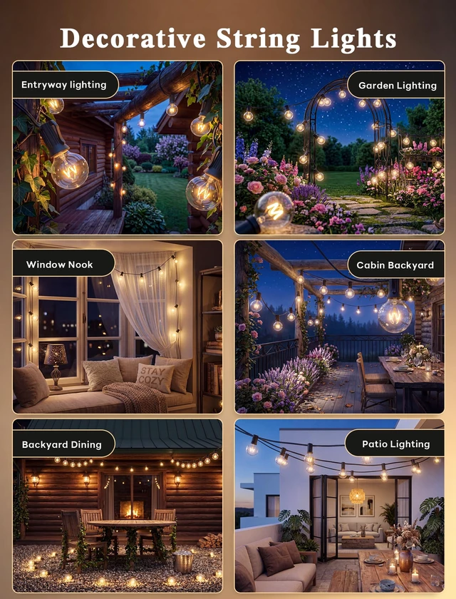 Alt view image 6 of 7 - Abeja 50FT G40 Globe String Lights, Outdoor Patio Lights | 53 Clear Incandescent Bulbs(3 Spare), Warm White Glow, Plug-in Bistro Lights for Backyard Porch Balcony Wedding, Black
