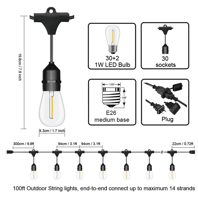 Alt view image 2 of 7 - Outdoor String Lights Waterproof 100FT Commercial for Patio Market | Connectable Heavy Duty Outside Lighting IP65, 32 Dimmable Plastic Edison Bulbs For Backyard Bistro Garden Porch Fence Balcony