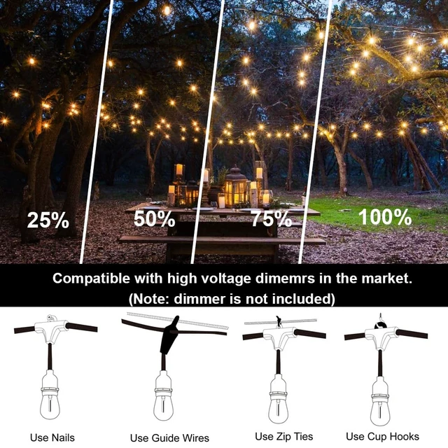 Alt view image 4 of 7 - Outdoor String Lights Waterproof 100FT Commercial for Patio Market | Connectable Heavy Duty Outside Lighting IP65, 32 Dimmable Plastic Edison Bulbs For Backyard Bistro Garden Porch Fence Balcony