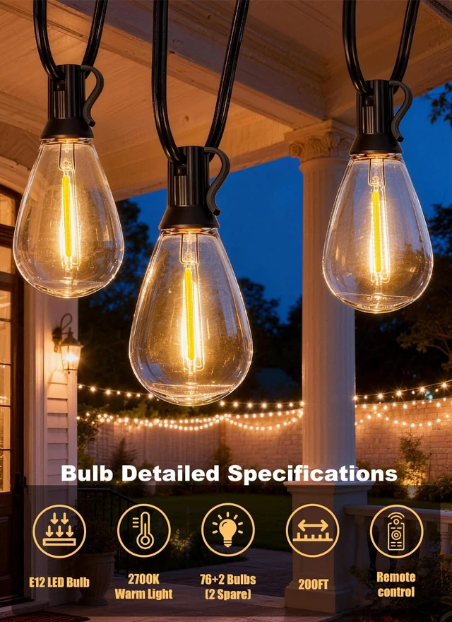 Alt view image 3 of 7 - Gyecahz 200FT Outdoor String Lights Waterproof, 76+2 Shatterproof S11 LED Bulbs, Extra Long Patio Lights for Outside, Bistro Cafe Decor, Backyard Garden Hanging Lights, Outside Fence Light String