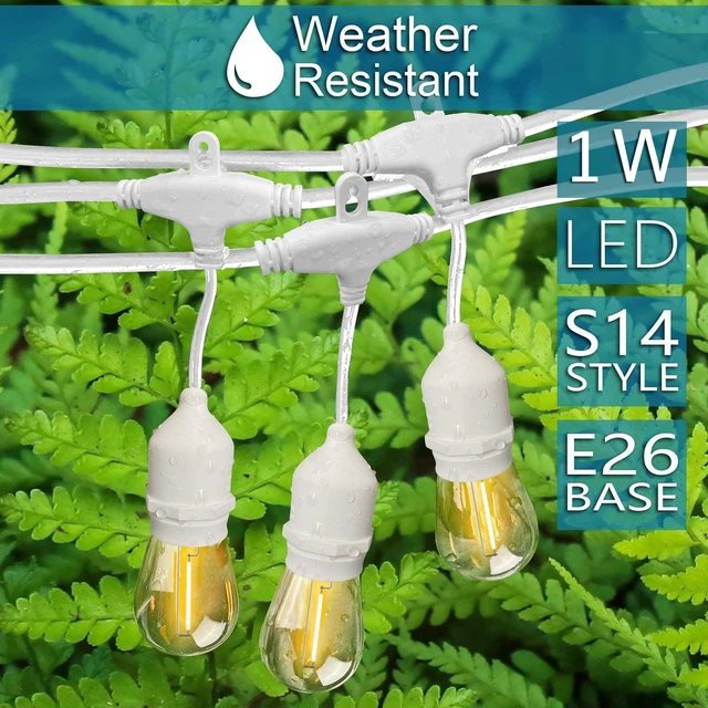 Alt view image 3 of 7 - Banord 50FT Outdoor String Lights, S14 Waterproof Patio Lighting, White | E26 1W LED Edison Bulbs, Shatterproof Dimmable Bulbs, Connectable, For Backyard, Gazebo, Deck, Party, Camping, Bistro
