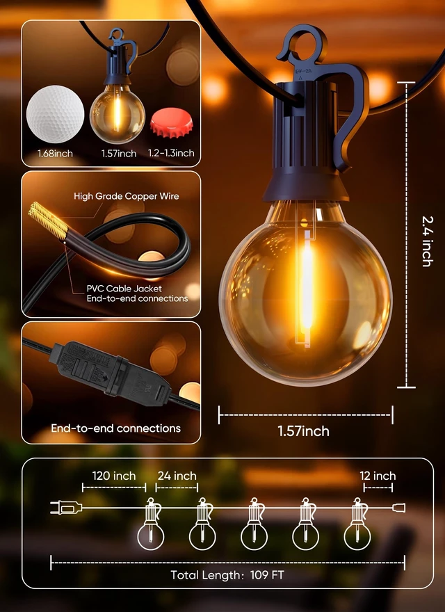 Alt view image 3 of 7 - Brightown Outdoor String Lights, 100FT 50+2 G40 Bulbs Shatterproof Patio Lights, IP65 Waterproof Dimmable Hanging Connectable Globe LED Outdoor Lights for Backyard, Bistro, Porch, Deck, Balcony