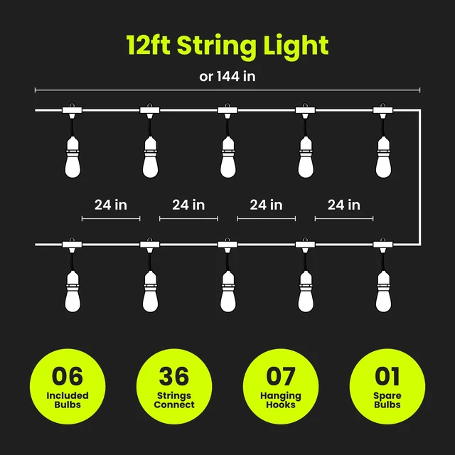 Alt view image 2 of 7 - Feit Electric LED String Lights - Flame Effect, 6 Sockets, Linkable - 12 ft | 12ft Commercial Grade and Shatter Resistant, 15,000-Hour Lifetime, SL12-6/FLAME, 7 Bulbs Included