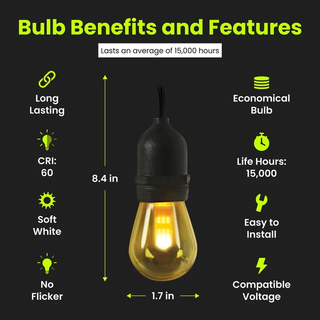 Alt view image 7 of 7 - Feit Electric LED String Lights - Flame Effect, 6 Sockets, Linkable - 12 ft | 12ft Commercial Grade and Shatter Resistant, 15,000-Hour Lifetime, SL12-6/FLAME, 7 Bulbs Included